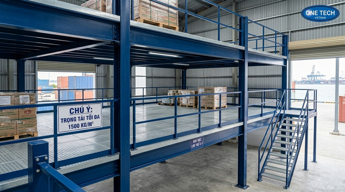 Cấu tạo kệ sàn mezzanine Hải Phòng Cấu tạo kệ sàn mezzanine Hải Phòng gồm cột dầm mặt sàn lan can cầu thang