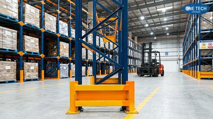 Chân trụ kệ drive in có bảo vệ Chân trụ kệ drive in có bảo vệ chống va chạm xe nâng