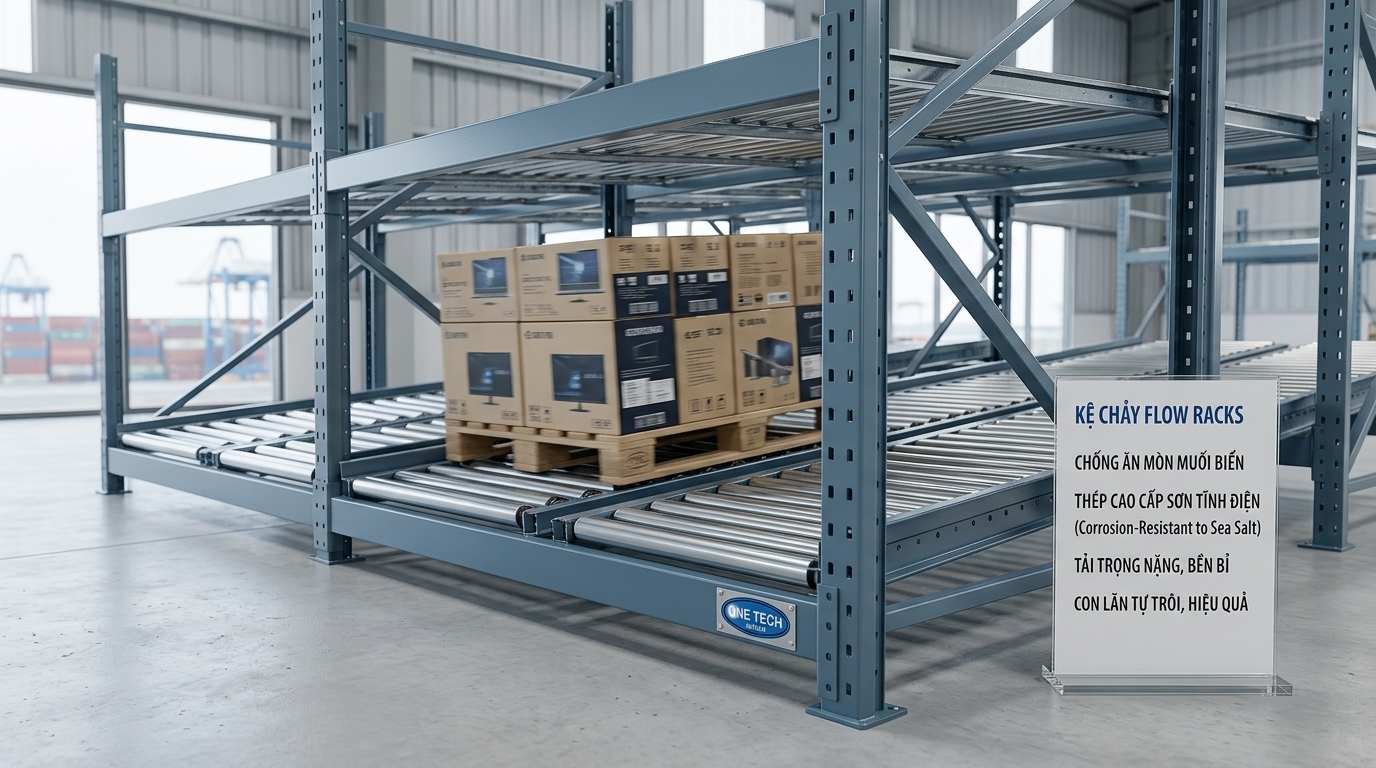 Kệ Flow racks Hải Phòng cần sơn và vật liệu phù hợp môi trường ẩm mặn Giải pháp chống ăn mòn cho kệ Flowrack trong môi trường biển Hải Phòng