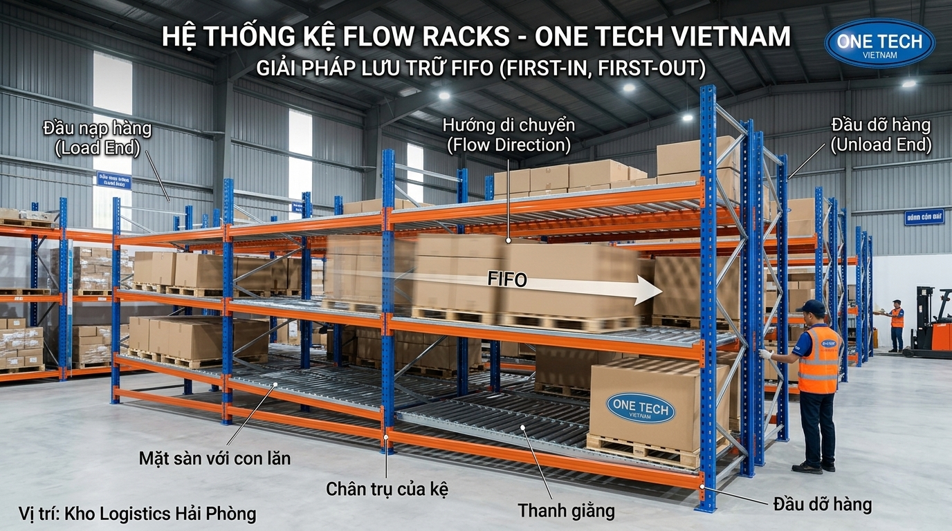 Kệ Flow racks Hải Phòng hoạt động theo nguyên lý trọng lực Mô phỏng nguyên lý hoạt động của kệ Flow racks Hải Phòng