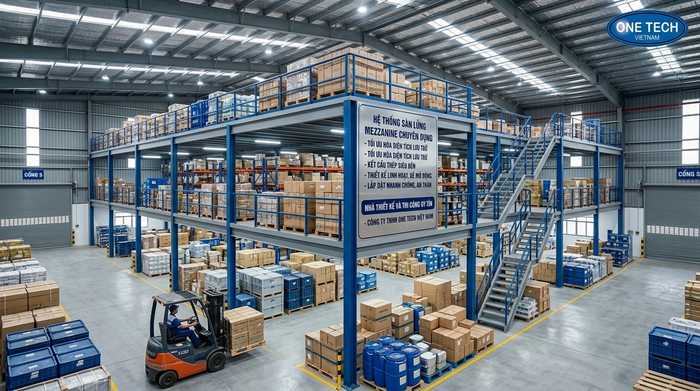 Kệ sàn mezzanine Hải Phòng trong kho logistics trần cao