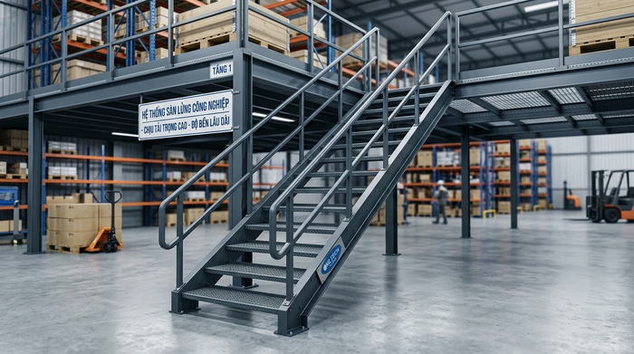 Hình ảnh thực tế cầu thang kệ sàn mezzanine Hình ảnh thực tế cầu thang kệ sàn mezzanine trong kho