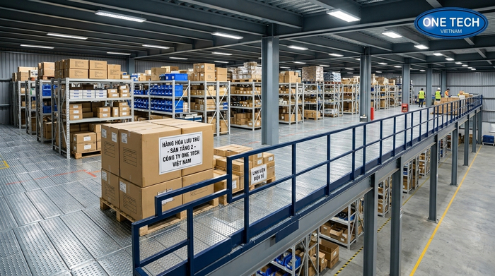 Hình ảnh thực tế tầng 2 của hệ kệ sàn mezzanine Hình ảnh thực tế tầng 2 của hệ kệ sàn mezzanine
