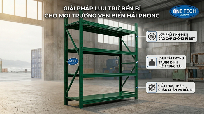Lớp phủ sơn tĩnh điện cho kệ trung tải Hải Phòng chống rỉ trong kho ven biển