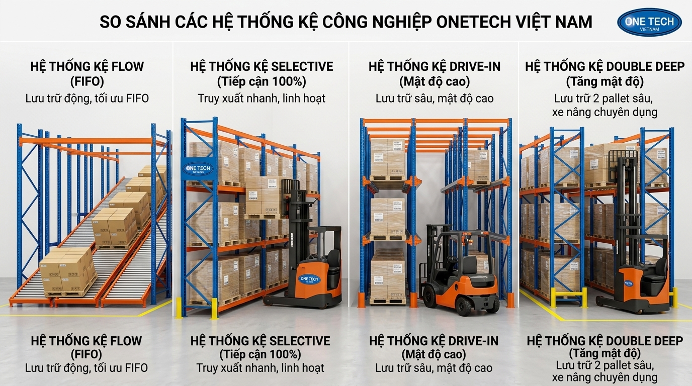Kệ Flow racks phù hợp kho cần FIFO và tốc độ xuất hàng cao So sánh kệ Flow racks với kệ Selective, Drive In và Double Deep