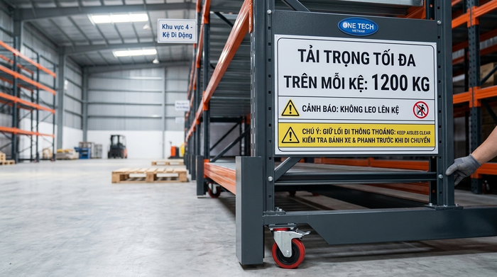 Biển tải trọng kệ kho di động Biển tải trọng và cảnh báo an toàn trên kệ kho di động Hải Phòng