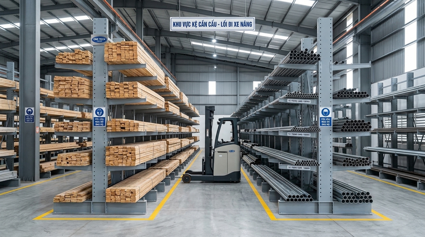 Bố trí lối đi xe nâng cho kệ tay đỡ Bố trí lối đi xe nâng cho hệ kệ tay đỡ