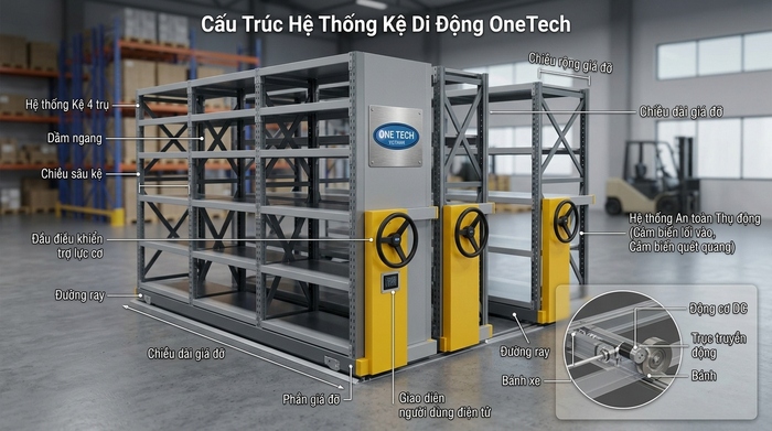 Cấu tạo kệ kho di động Hải Phòng Cấu tạo kệ kho di động Hải Phòng gồm khung beam ray và cụm truyền động