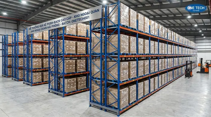 Kệ push back cho kho ngoại quan Hải Phòng Kệ push back cho kho ngoại quan tại Hải Phòng lưu trữ nhiều pallet cùng lô