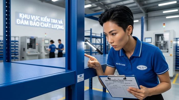 Kiểm tra lớp sơn kệ Double Deep trước xuất xưởng Kiểm tra bề mặt sơn tĩnh điện kệ Double Deep trước khi xuất xưởng