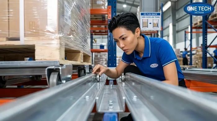 Kiểm tra ray kệ push back Hải Phòng Kiểm tra ray dẫn hướng của kệ push back Hải Phòng để pallet trượt an toàn