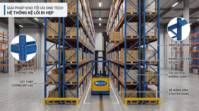 Mặt cắt lối đi kệ có lối đi hẹp Mặt cắt lối đi của kệ có lối đi hẹp cho xe nâng vận hành