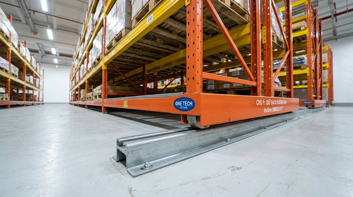 Ray dẫn hướng kệ kho di động Ray dẫn hướng của kệ kho di động Hải Phòng lắp trên nền kho
