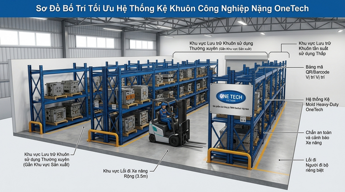 Bố trí kệ khuôn và lối đi xe nâng Sơ đồ bố trí kệ khuôn trong kho giúp xe nâng vận hành an toàn