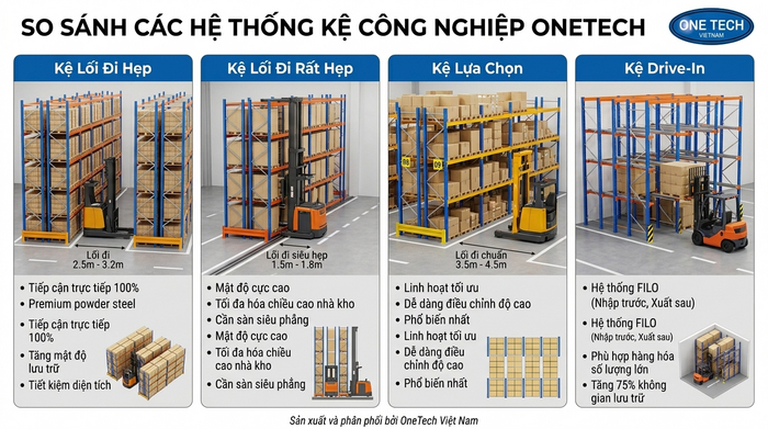 So sánh các dòng kệ kho công nghiệp So sánh kệ Narrow Aisle, Kệ VNA, Selective và Drive-In