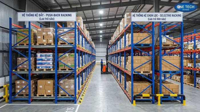 So sánh kệ push back và kệ selective trong kho hàng Hải Phòng