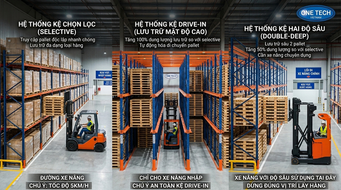 So sánh giải pháp kệ kho trung chuyển So sánh kệ Selective Drive-In Double-Deep trong kho trung chuyển