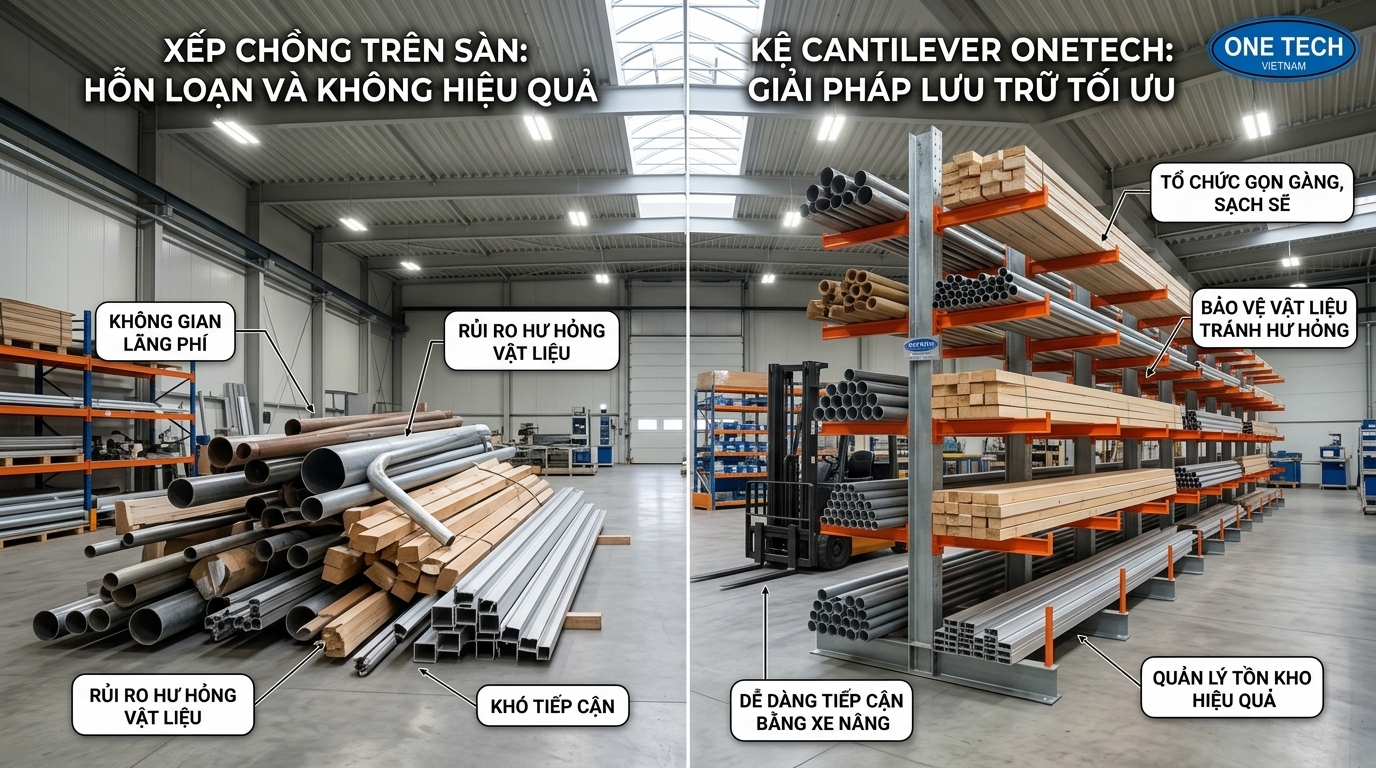 So sánh xếp nền và kệ tay đỡ So sánh xếp hàng dưới nền và lưu trữ bằng kệ tay đỡ