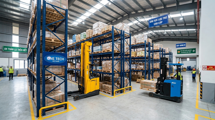 Xe nâng chuyên dụng vận hành cùng kệ kho thông minh Hải Phòng