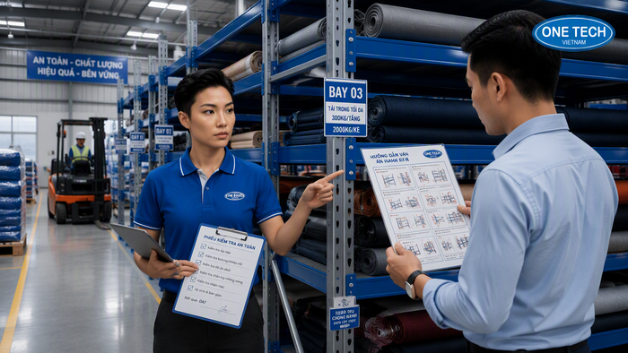 Bàn giao kệ kho vải sau lắp đặt kèm kiểm tra an toàn và hướng dẫn vận hành