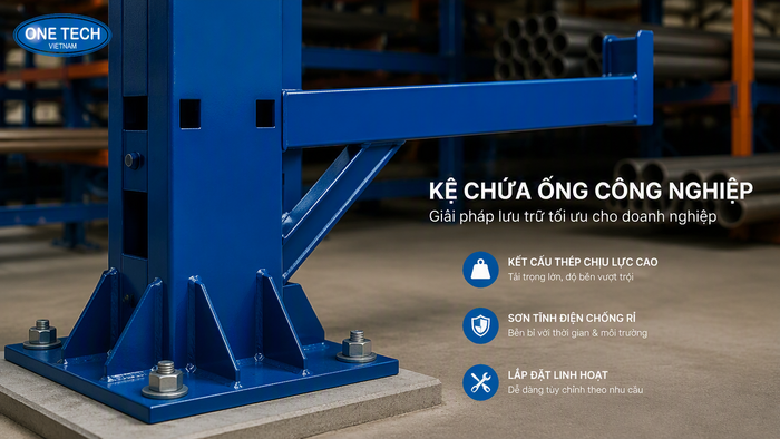 Chi tiết chân trụ và tay đỡ của kệ để ống thép Chi tiết chân trụ và tay đỡ của kệ để ống thép