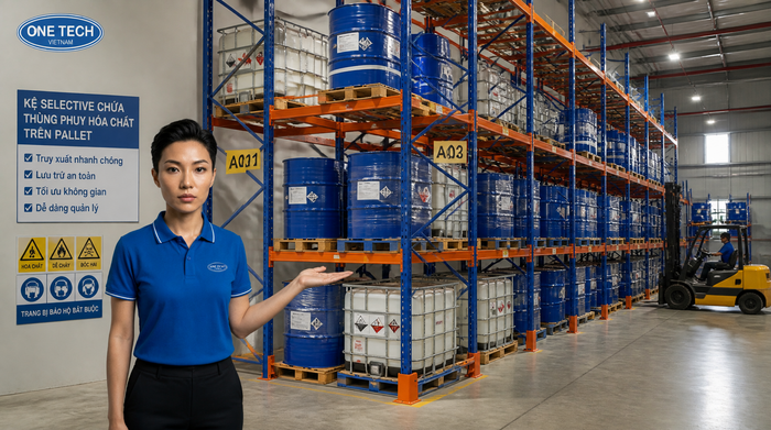 Kệ Selective chứa thùng phuy hóa chất Kệ Selective chứa thùng phuy hóa chất trên pallet