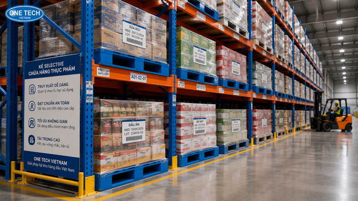 Kệ selective lưu trữ pallet thực phẩm trong kho công nghiệp