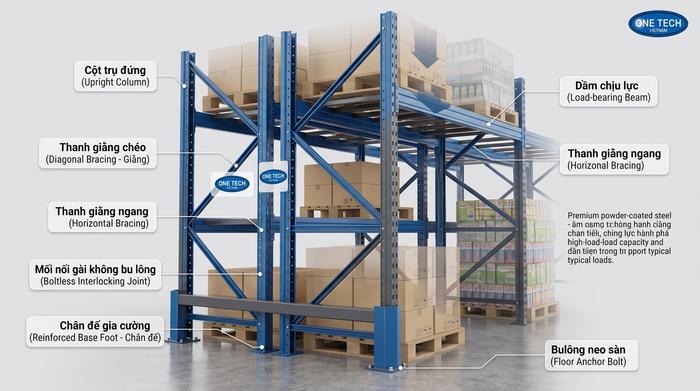Cấu tạo kệ kho FMCG chịu tải cao gồm cột beam giằng và chân đế