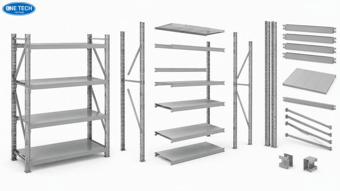 Cấu tạo kệ trung tải gồm chân trụ beam mâm tầng và giằng