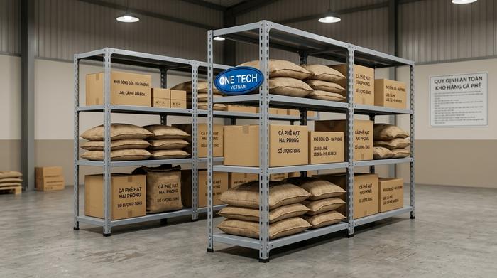 Kệ trung tải lưu bao cà phê và thùng carton trong kho nhỏ tại Hải Phòng