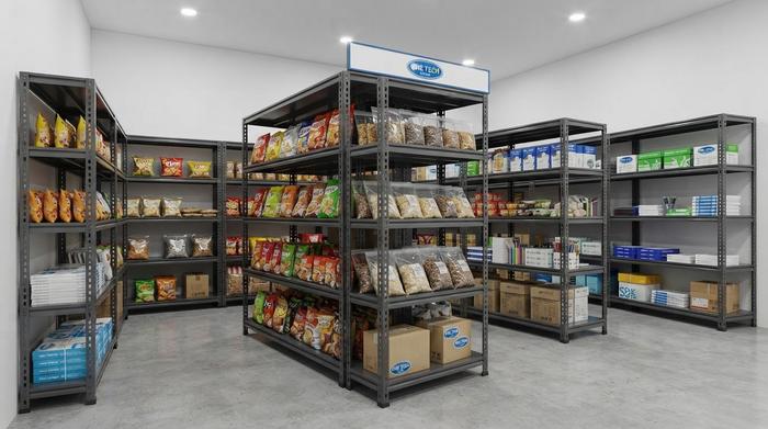 Kệ V lỗ dùng cho kho siêu thị mini và hàng hóa tải nhẹ