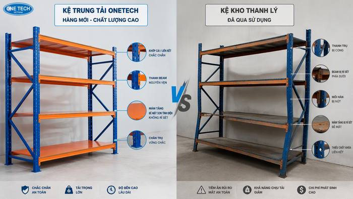 So sánh kệ trung tải mới và kệ thanh lý kho hàng