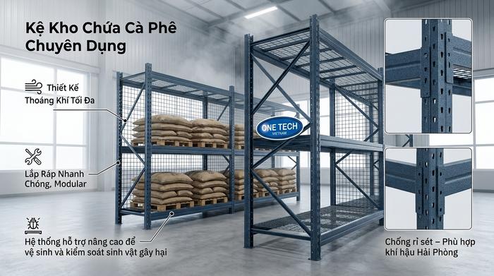 Tiêu chí chọn kệ kho cà phê Hải Phòng gồm tải trọng chống gỉ và thông gió